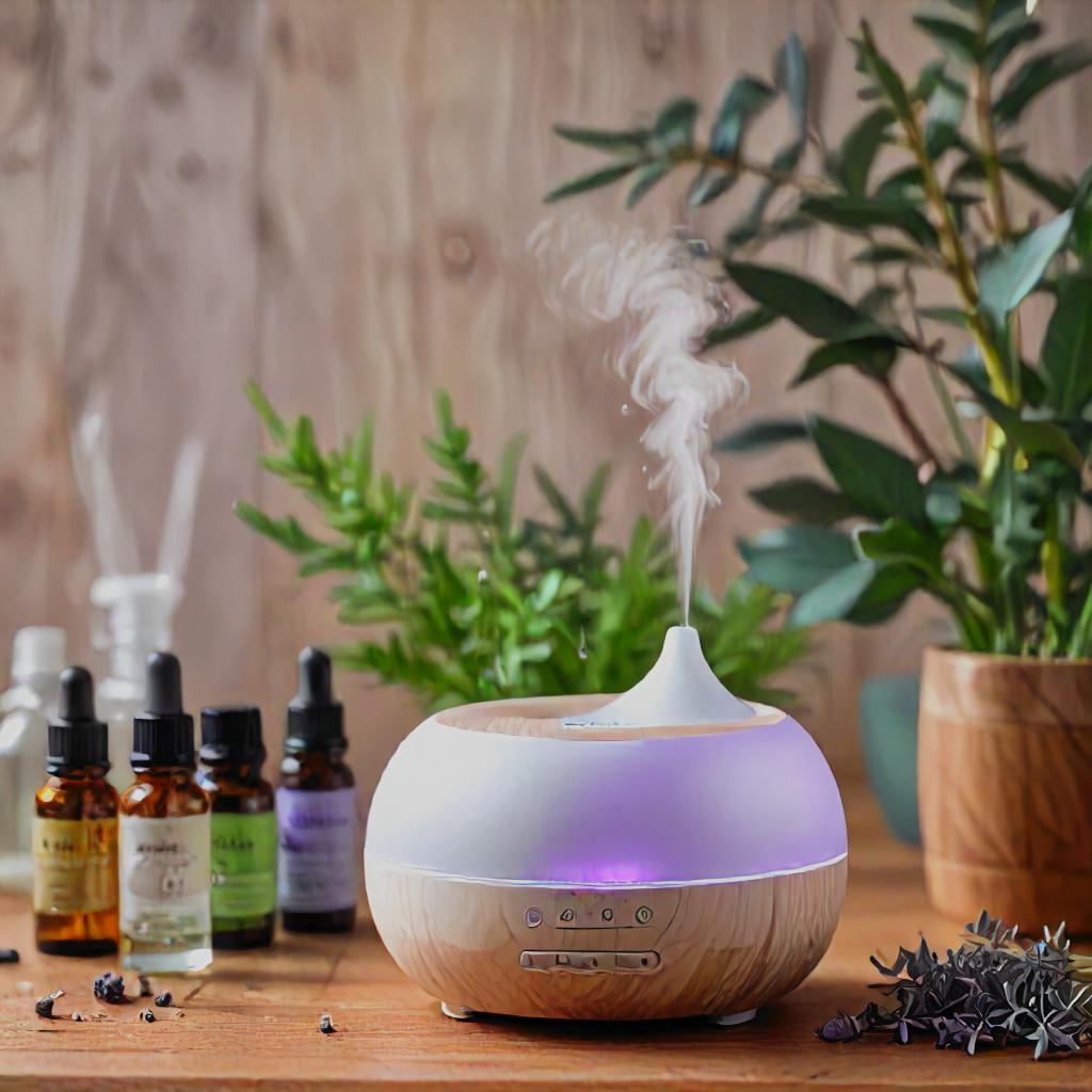 A close-up of a modern essential oil diffuser emitting a soft mist, surrounded by small bottles of essential oils in various scents like lavender, eucalyptus, and lemon. The setup is on a clean wooden table with a cozy, minimalist background, featuring a few green plants to add a natural feel.