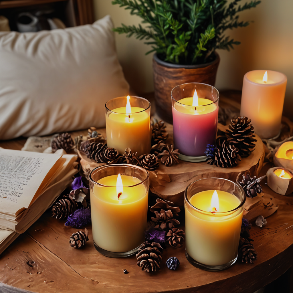 A warm, cozy scene with beeswax and soy candles in simple, rustic jars, lit and glowing softly. Display the candles on a wooden coffee table, surrounded by natural elements like small pine cones, dried lavender, and books, evoking a relaxing, organic atmosphere.