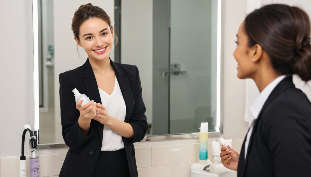 A young professional woman with a fresh, glowing face standing in front of a bathroom mirror,