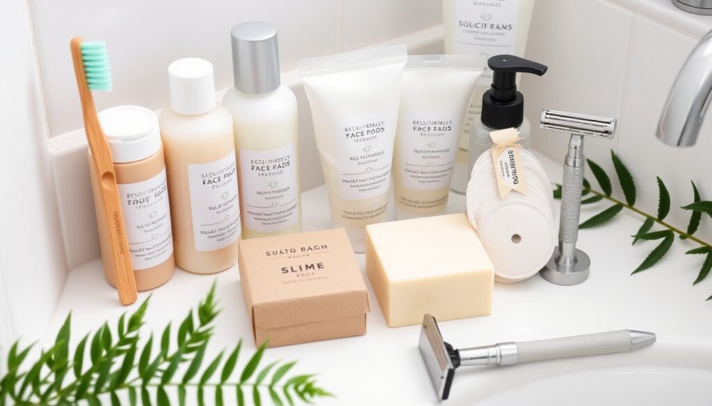 An arrangement of eco-friendly personal care products like a bamboo toothbrush, solid shampoo and conditioner bars, reusable face pads, and a metal safety razor. Set on a white bathroom countertop with green plant accents for a fresh look.