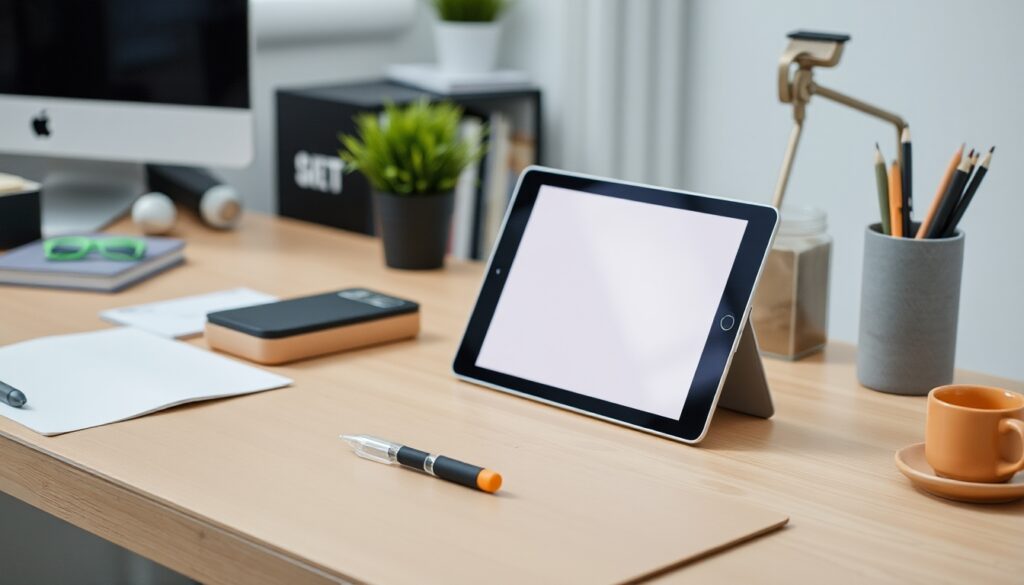Digital Workspace for a Zero-Waste Lifestyle
A digital workspace setup with a tablet or laptop open to a notes app, a refillable pen, and minimal desk accessories made of sustainable materials. Background shows a clean, organized office space with a focus on reducing paper clutter.