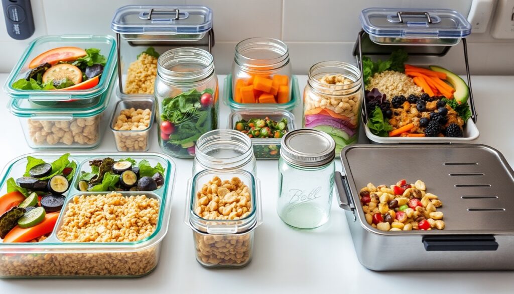 Meal Prep in Sustainable Containers
An organized display of meal-prepped food in glass containers, mason jars, and a metal lunch box. Include fresh, colorful ingredients like salads, grains, and vegetables to convey a healthy and sustainable lifestyle. Display on a bright, minimal countertop.