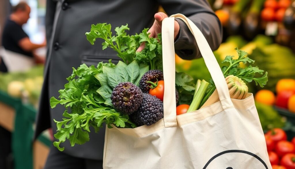Reusable Shopping Bags in Action
A professional carrying a reusable shopping bag filled with fresh produce, including leafy greens, tomatoes, and other vegetables. Set against the background of a local farmer's market or grocery store to emphasize zero-waste shopping habits.
